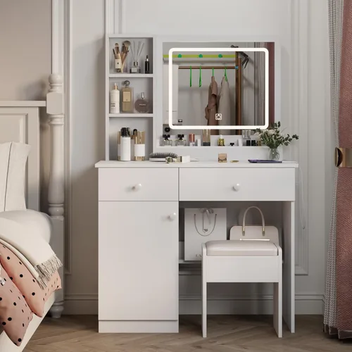 Escritorio de tocador de maquillaje con espejo iluminado y toma de corriente, tocador con gran espacio de almacenamiento y taburete acolchado para