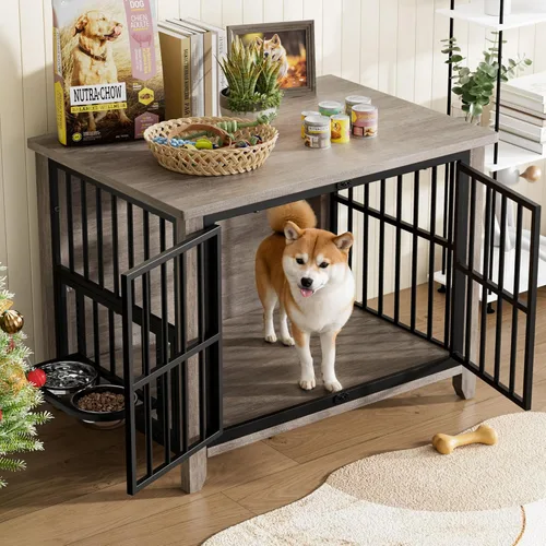 Vista 3 de Lulive Muebles de jaula para perros, perrera de madera para interiores con cuencos ajustables de 360° y altura para perros, muebles de puertas Gris