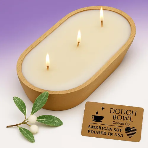 Vista 25 de Dough Bowl Candle Co. Vela de Soja Beach Linen - 3 Mechas Decoración Rústica de Granja Eliminador de Olores en Cuencos de Madera, Vela de Cuenco