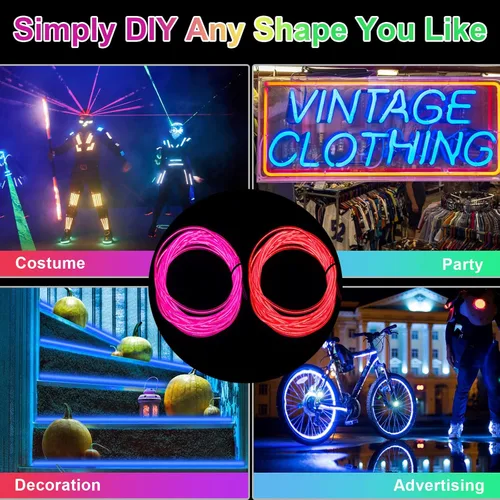 Vista 5 de Tuanse Paquete de 10 luces LED de cable EL de 9.8 pies con batería, luces de neón portátiles, cortables, brillantes, estroboscópicas, electrones