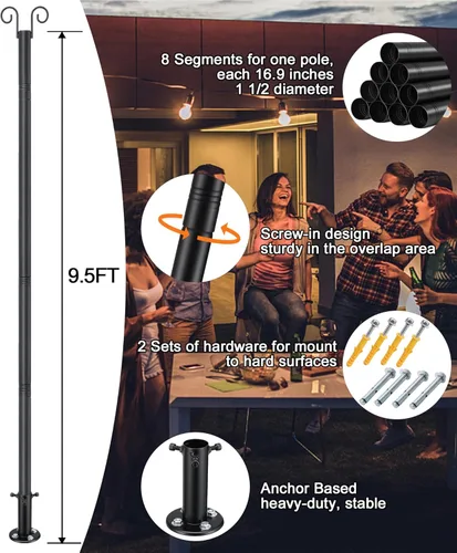 Vista 5 de Postes de luz de cadena de 9.5 pies, paquete de 2 postes de luz de cubierta para luces exteriores resistentes con base de anclaje y soporte, postes