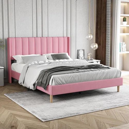 Vista 22 de Zoophyter Base de cama tapizada de plataforma tamaño King con cabecero, listones de madera fuertes, no necesita somier, fácil montaje, lino blanco