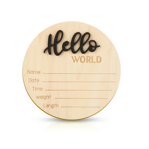 Letrero de anuncio de bebé, 5.9 pulgadas de madera con texto en inglés «Hello World» para recién nacido, placa de nombre de nacimiento para Negro