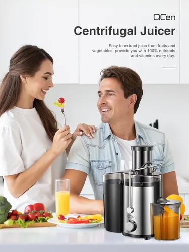 Vista 7 de Qcen - Exprimidor de jugo, extractor centrífugo de 800 W con tolva de alimentación ancha de 3 pulgadas para frutas y verduras, fácil de limpiar
