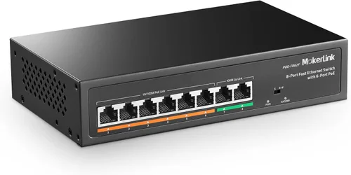 MokerLink Switch PoE de 8 puertos con 6 puertos PoE+, 2 enlace ascendente, 100 Mbps, detección de IA de 78 W IEEE802.3af/at, conmutador de red Plug