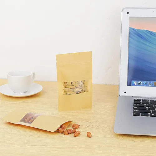 Vista 7 de 50 bolsas de papel kraft, bolsas resellables de 3.5 x 5.5 pulgadas con ventana, bolsa de almacenamiento de alimentos con cierre de cremallera