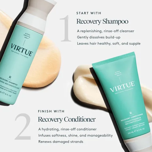 Vista 4 de VIRTUE Champú de recuperación sin sulfato con queratina y aceite de semilla de baobab para cabello dañado, color seguro