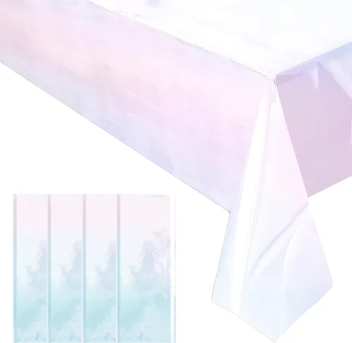 Vista 10 de Mantel iridiscente azul de 4 piezas – Mantel desechable de 40 x 108 pulgadas con láser brillante – Manteles de plástico con purpurina – Mantel