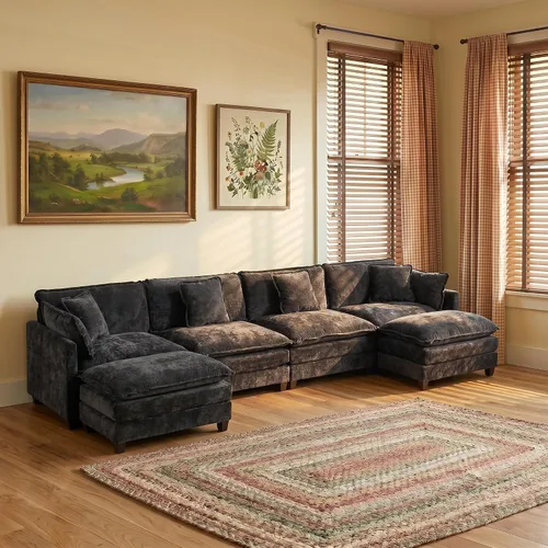 Vista 59 de Sofás seccionales modernos de 113.8 pulgadas para sala de estar, cómodo sofá nube de felpilla beige, sofá seccional de 3 plazas para sala de estar
