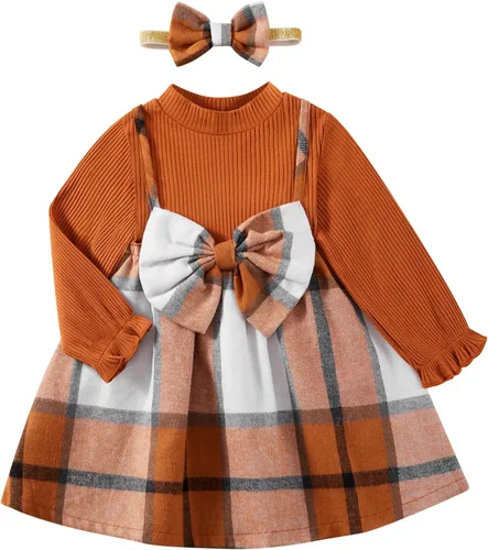 Ropa para niña pequeña, vestido de otoño e invierno, vestido de franela a cuadros, vestido de fiesta con lazo para niñas con diadema