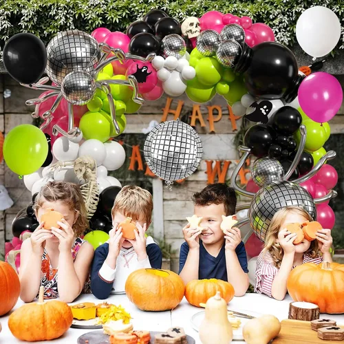 Vista 6 de Kit de arco de globos de Halloween, kit de guirnalda de globos de color negro, verde, rosa intenso, con globo de araña de discoteca 4D, globos blanco