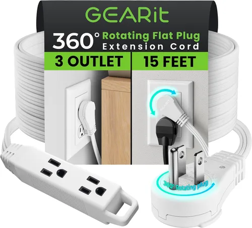 Vista 13 de GEARit Cable de extensión corto con enchufe plano giratorio de 360° y 3 tomas (2 pies, gris) 16AWG/13A Cable de 3 clavijas, Protector de toma