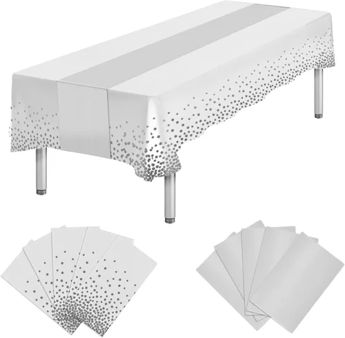 Vista 18 de Paquete de 20 manteles de plástico desechables y satinados, mantel desechable blanco rectangular y dorado para cumpleaños, baby shower, aniversario