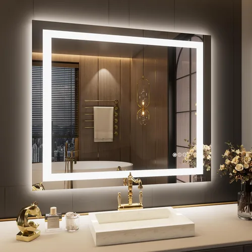 Vista 28 de LOAAO Espejo de baño LED de 32 x 32 pulgadas con luces, antiniebla, regulable, retroiluminado + iluminado frontal, espejo de tocador de baño