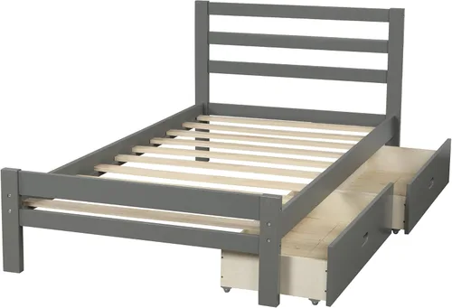 Vista 5 de Base de cama individual con cajones de almacenamiento, plataforma de madera maciza con cabecero, marco de cama individual para niños con listones