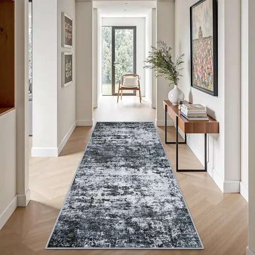 Vista 3 de Alfombra de pasillo lavable de 2.6 x 8 pies; moderna alfombra abstracta suave y fina, color negro