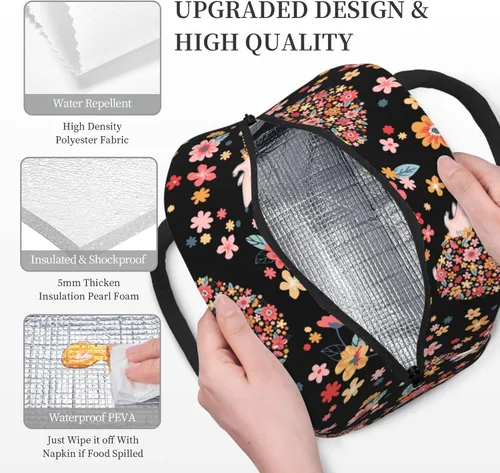 Vista 4 de Bolsa de almuerzo con diseño de flores y erizos lindos, bolsa de almuerzo reutilizable para preparación de comidas, bolsa aislada