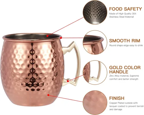 Vista 2 de Moscow Mule - Juego de 2 tazas de cobre martillado con forro de acero inoxidable, 2 popotes y jigger, juego de regalo de bar para cócteles, bodas