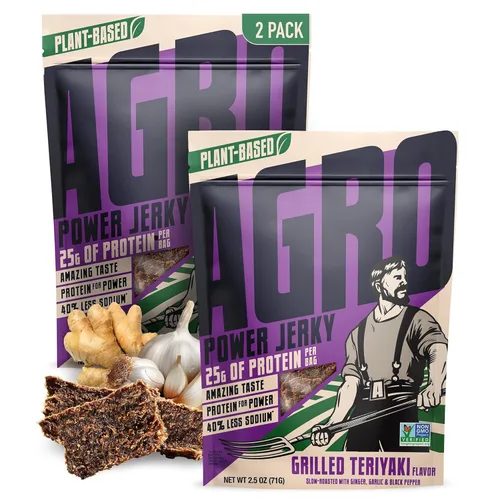 AGRO Power - Cecina vegana – Sabor a teriyaki a la parrilla – Deliciosa carne seca vegetariana certificada sin OMG con 0.98 onzas de proteína a base