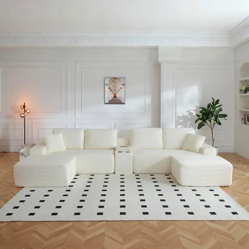 Modular Sectional Sofa Cloud Couch L-Shape Deep Seat Convertible Sectional Couches Sofa Bed with Cup Holders USB Ports Upholstered Corduroy Living