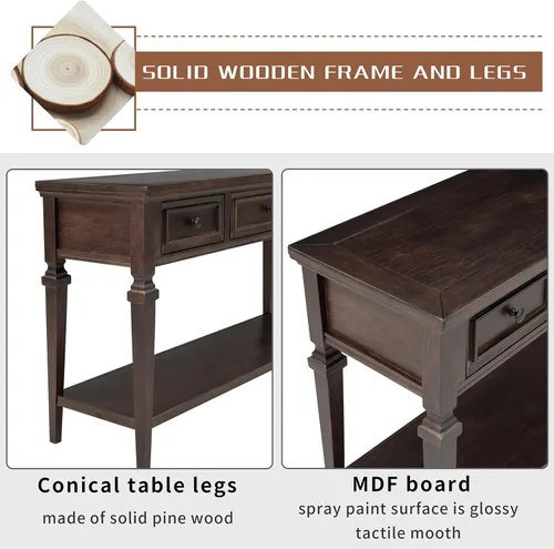 Vista 5 de Mesa consola retro con 3 cajones, armario decorativo de 50 pulgadas, mesa de sofá larga estrecha para entrada, sala de estar, comedor, pasillo