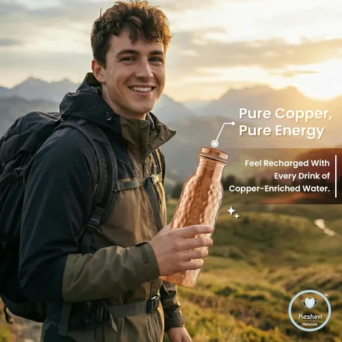 Vista 9 de 100% Real Copper Water Bottle Set of 2 (34 oz / 1 Liter Each), Hammered & Plain Finish Pure Copper Drinking Bottles with Leak Proof Lids, Durable