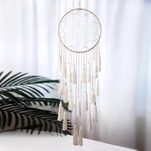 Vista 2 de Artilady - Atrapa-sueños de macramé para dormitorio - Pompones colgantes hechos a mano para decoración del hogar con adorno de plumas con pompones