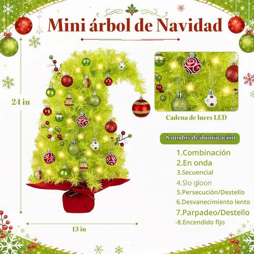 Vista 3 de Mini árbol de Navidad caprichoso de 2 pies con luces, bolas de bayas, 8 Árbol de Navidad artificial curvado pequeño con 40 luces LED, 20 bolas