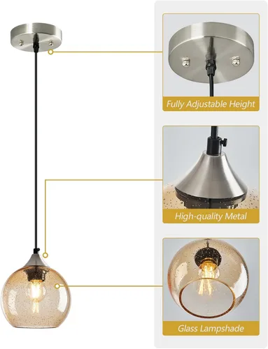 Vista 7 de Luces colgantes de vidrio marrón claro, lámpara colgante de globo de isla de cocina, lámparas colgantes modernas para dormitorio, sala de estar