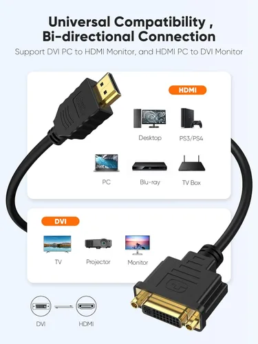 Vista 7 de CableCreation Cable corto HDMI a DVI de 0.5 pies, adaptador DVI-I bidireccional (24+5) hembra a HDMI macho 1080P convertidor DVI a HDMI compatible