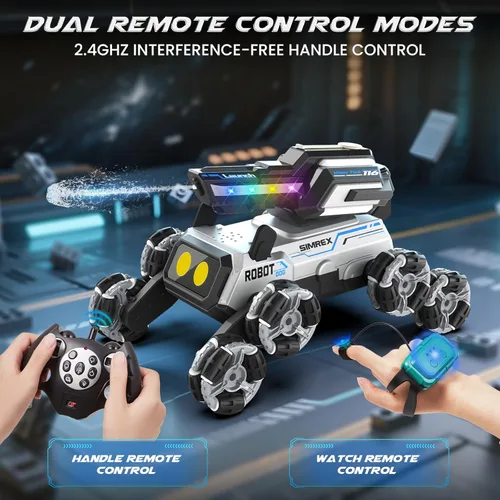 Vista 5 de SIMREX Robot Perro RC Coche de Acrobacias Juguetes - Control remoto con detección de gestos con ruedas Mecanum, ojos LED, 3 efectos de sonido