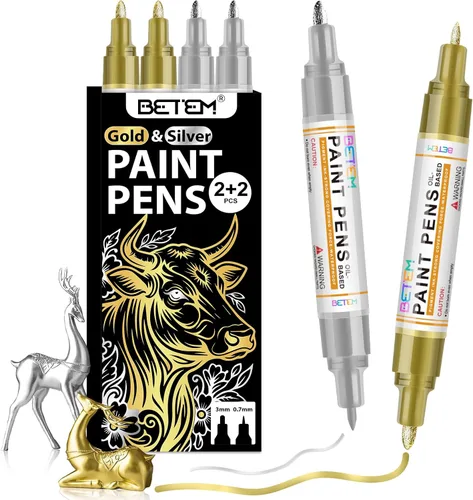 Betem Marcadores de pintura a base de aceite, bolígrafos de pintura de doble punta (0.028 in y 0.118 in), rotulador permanente dorado plateado, 2