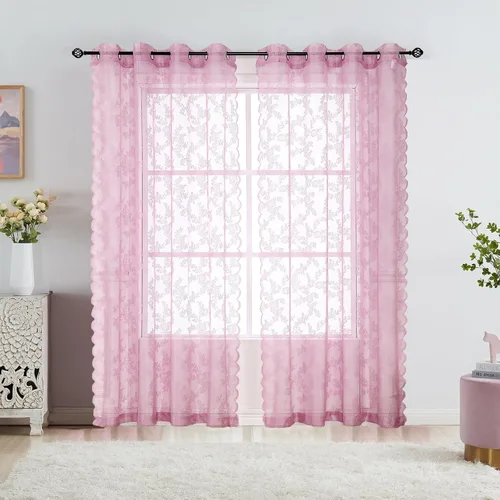 Vista 9 de Cortinas traslúcidas de encaje rosa para dormitorio, 55 x 54 pulgadas, paneles de cortina de encaje con rosas florales francesas, cortinas duraderas