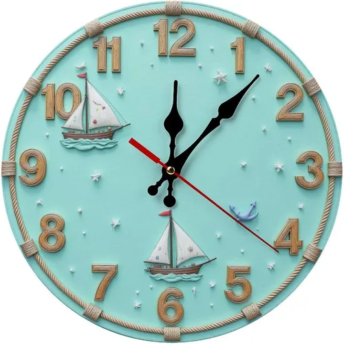 Nautical Clock with Sailing Ships 2D 12 Inch Silent Wall Clock, Frameless Wooden Round Clock with Quartz Movement for Bathroom, Kitchen, Living