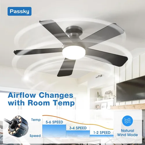 Vista 3 de Passky Ventiladores de techo con luces, ventilador de techo de montaje empotrado de 42 pulgadas con control remoto, ventilador de techo de perfil