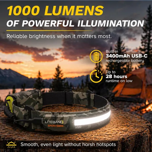 Vista 3 de LITEBAND PRO - Linterna frontal LED recargable, 1000 lúmenes, haz ancho de 210°, camuflaje