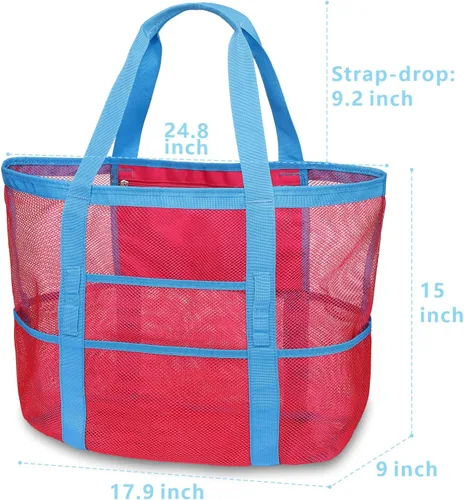Vista 3 de F-color Bolsa de playa, bolsa de playa de malla de gran tamaño, 9 bolsillos, bolsa de toalla de playa