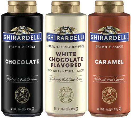 Ghirardelli Botellas exprimibles - Caramelo, chocolate y chocolate blanco - Juego de 3