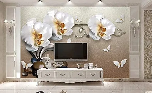 Vista 5 de Murwall 3D Floral Wallpaper White Orchid Wall Mural 3D Pebble Wall Print White Butterfly Wall Art Classical Home Decor