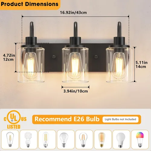 Vista 2 de Baocuz 3 luces para tocador de baño, lámpara de pared de granja en negro con pantalla de vidrio transparente, lámpara de pared moderna para espejo