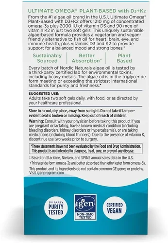 Vista 7 de Nordic Naturals Ultimate Omega a base de plantas con vitamina D3+K2 - 60 cápsulas blandas vegetarianas - 1210 mg de Omega-3 más 2000 UI de D3 y 90