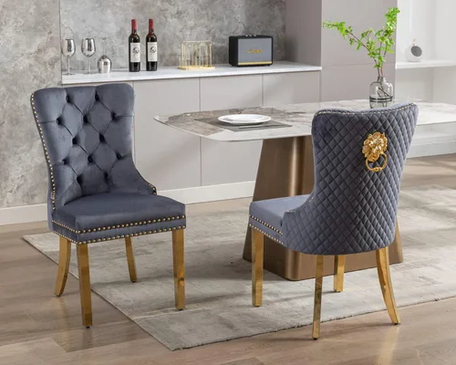 Vista 47 de KCC Juego de 2 sillas de comedor tapizadas de terciopelo, modernas sillas capitoné con botones con anillo de cabeza de león y patas de acero