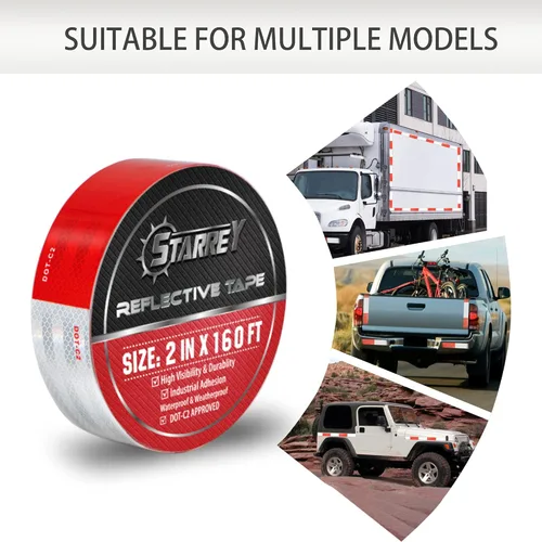 Vista 3 de STARREY DOT-C2 - Cinta reflectante de 2 pulgadas x 160 pies, color rojo y blanco, impermeable, cinta autoadhesiva para remolques, vehículos, barcos