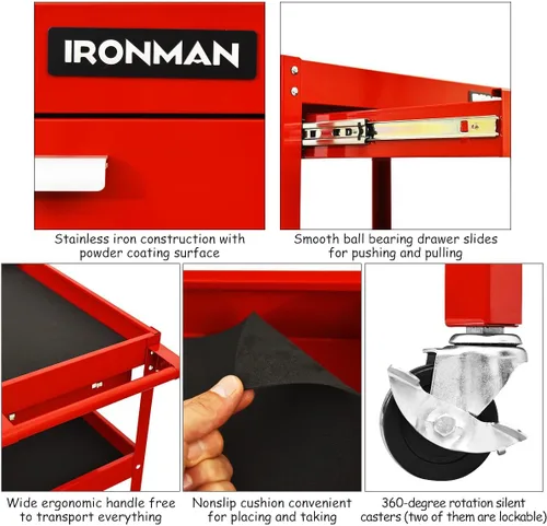 Vista 3 de IRONMAX Cofre de herramientas de 3 niveles, carrito de servicio industrial resistente con cajón y ruedas, organizador de caja de herramientas