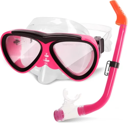 GreenLF Kids Snorkel Set, Anti-Fog Snorkeling Mask with Nose Covers for Youth Junior Child, Boys & Girls Age 5-12, Semi-Dry Diving Scuba Swimming