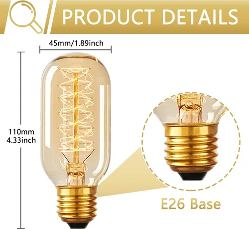 Vista 2 de Bombillas Edison incandescentes T45 retro de 40 W, 6 paquetes, 110-130 V, base E26 regulable, bombilla Edison 6 paquetes, 2200 K ámbar amarillo