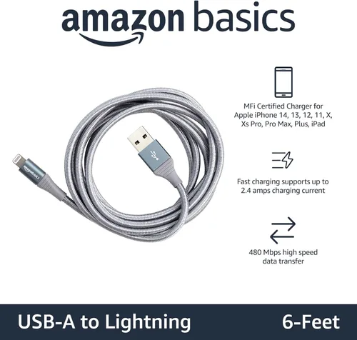 Vista 2 de Amazon Basics - Cable Lightning de nailon trenzado doble a USB, colección avanzada, cargador para iPhone certificado MFi