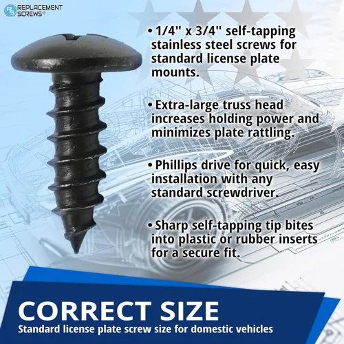 Vista 4 de Tornillos para matrícula - Kit de hardware para montaje frontal y trasero para placa/tarjeta y marco - Pernos de acero inoxidable autorroscantes