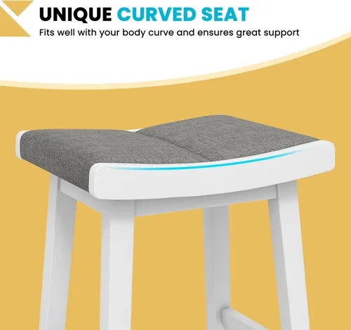 Vista 7 de COSTWAY Juego de 4 taburetes de bar, marco de madera gris + blanco de 31.5 pulgadas con asiento acolchado, fácil montaje, patas de madera de goma