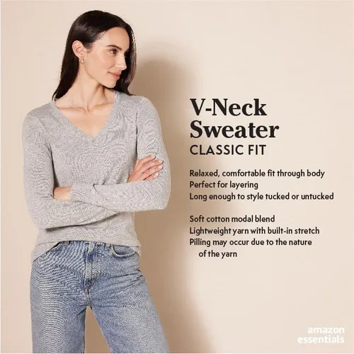 Vista 2 de Tienda Essentials - Suéter de ajuste clásico y ligero para mujer, de manga larga y cuello en V (disponible en tallas extragrandes)
